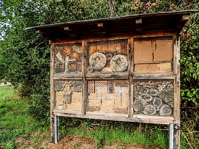 Das Insektenhotel im Pfarrgarten hilft, das Fehlen ­natürlicher Nist- und Überwinterungsplätze etwas ­auszugleichen.